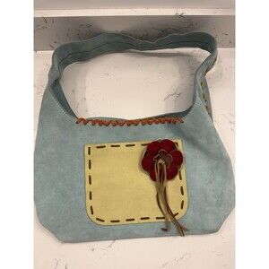 Hobo Suede Purse Boho Shoulder bag Flower Tassle Aqua Earthy Wide Stitch Unique